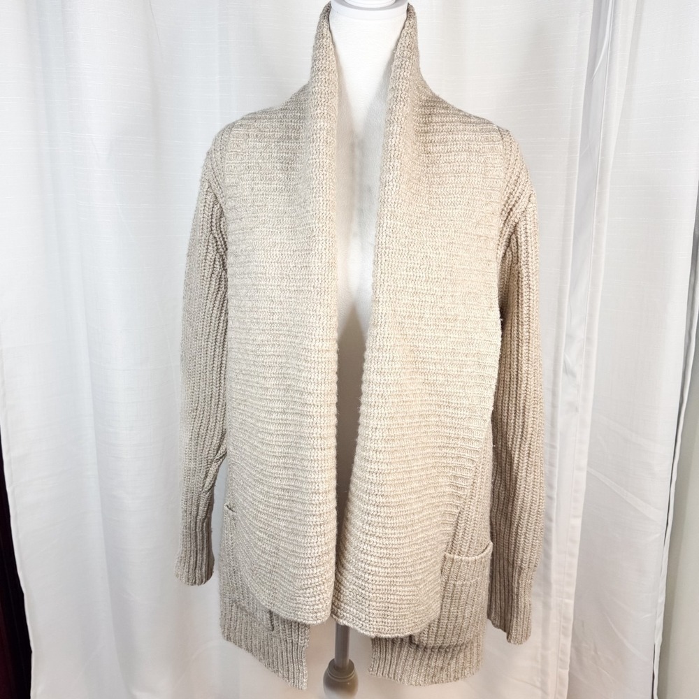 J. Crew 100% Lambs Wool Chunky Knit Open Cardigan Sweater Oatmeal Color LARGE